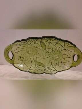Vintage Ibdiana Relish Dish - Lily Pons- Pattern Vibrant Green Pressed Bowl